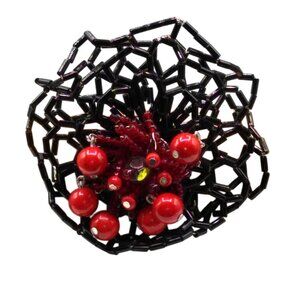 Beaded Glass Artisan Brooch, Large Black and Red Flower Pin, Unique Goth Floral